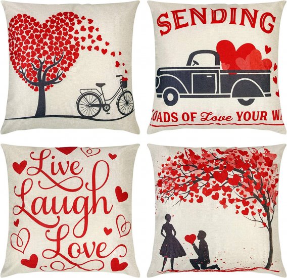 4 Pack Valentines Day Pillow Covers 18x18 Inches, Linen Valentine Pillow Covers Man's Proposal Bicycle Love Heart Tree Truck for Couch, Car, Bedroom, Sofa Valentine Decorations - Click Image to Close