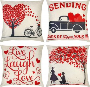 4 Pack Valentines Day Pillow Covers 18x18 Inches, Linen Valentine Pillow Covers Man's Proposal Bicycle Love Heart Tree Truck for Couch, Car, Bedroom, Sofa Valentine Decorations
