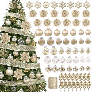 Roberly 72PCS Champagne Christmas Tree Decorations Set Shatterproof Clear Plastic Champagne Christmas Ornaments Balls with Hanging Snowflakes Ribbon Poinsettia Flowers Glitter Berry Stems
