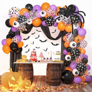 153pcs Halloween Balloon Garland Arch Kit, Eyeball Latex Confetti Black Purple Orange Balloons with Spiderweb and 3D Bat, Halloween Party Supplies Decoration DIY