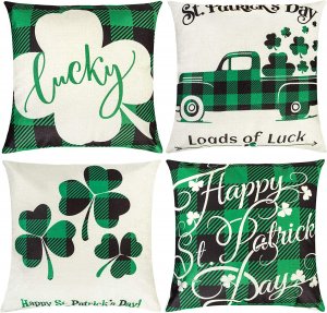 Happy St Patricks Day Pillow Covers 18x18 Inch Set of 4 Throw Pillow Case Decorative Clovers Holiday Pillow Covers for Home Decor Sofa Couch Cushion Case Truck Green Luck
